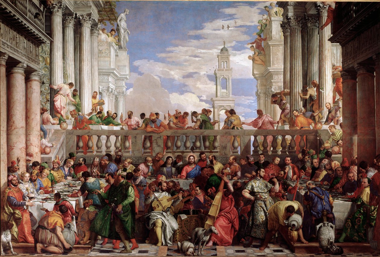 Mirakel för omvandlingen av vatten till vin. Detalj Marriage of Cana (olja på duk av Veronese