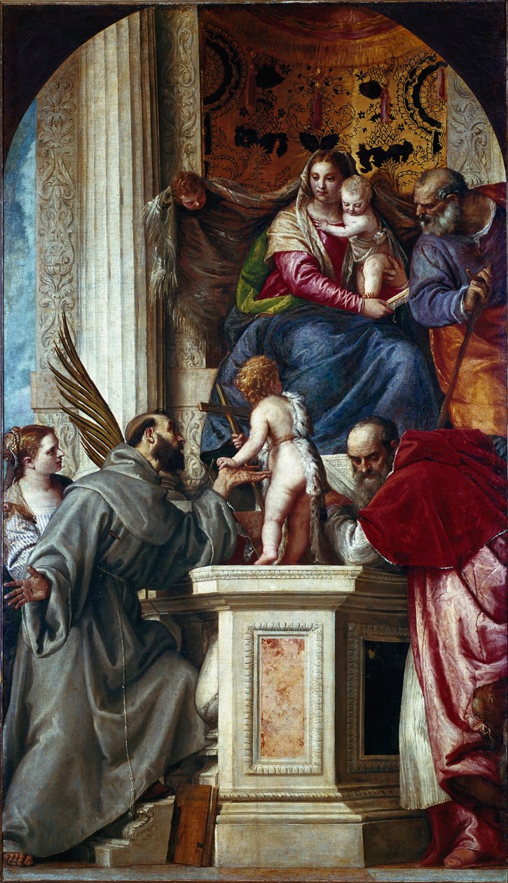 Den heliga familjen med heliga (helig konversation känd som Pala di San Zaccaria eller altartavla av St. Sakarias). Målning av Paolo Caliari Paolo Veronese (1528-1588) av Veronese