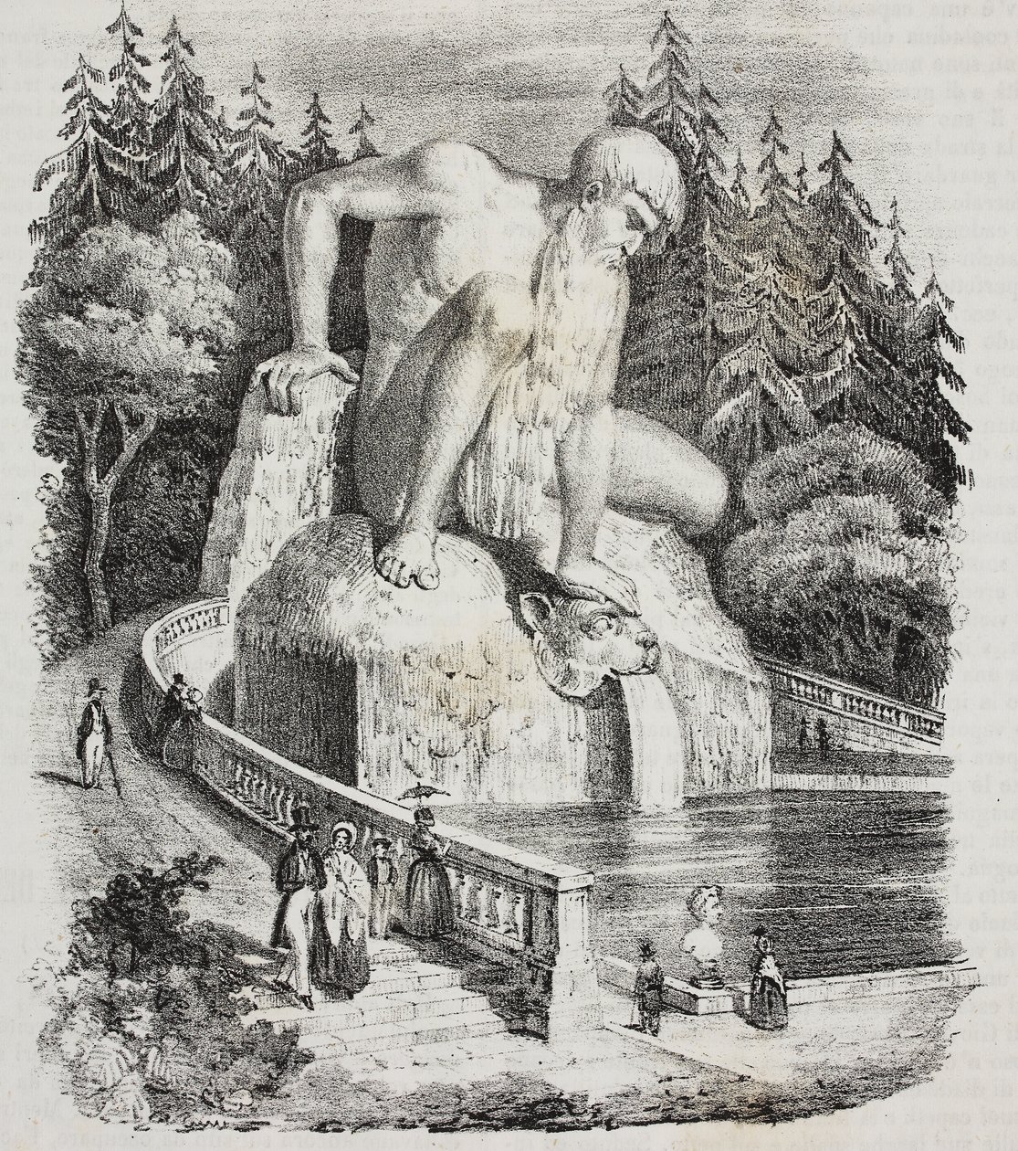 Colossus of Apennines (av Giambologna) i parken av Villa Demidoff (Villa Medicea of ​​Pratolino), Vaglia, Toscana, Italien, litografi av Giovanni Mariani från Poliorama Pittoresco, n 10, 15 oktober av Giambologna