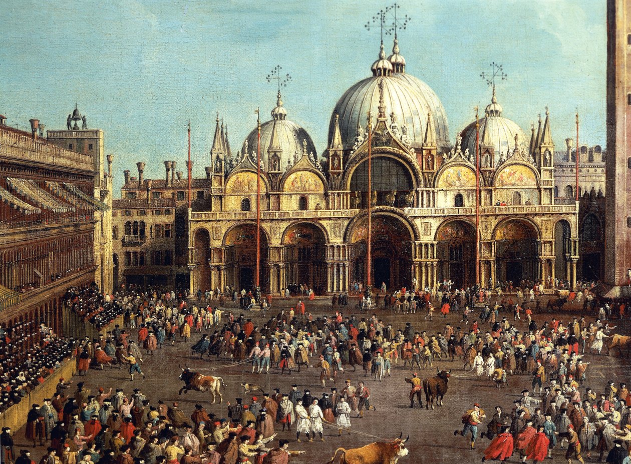 Tjurfäktning eller tjurjakt på Piazza San Marco, av Giovanni Antonio Canal, känd som Canaletto (1697-1768) och av Giovanni Battista Cimaroli (1687-efter 1753), olja på duk, 99x145 cm av Canaletto