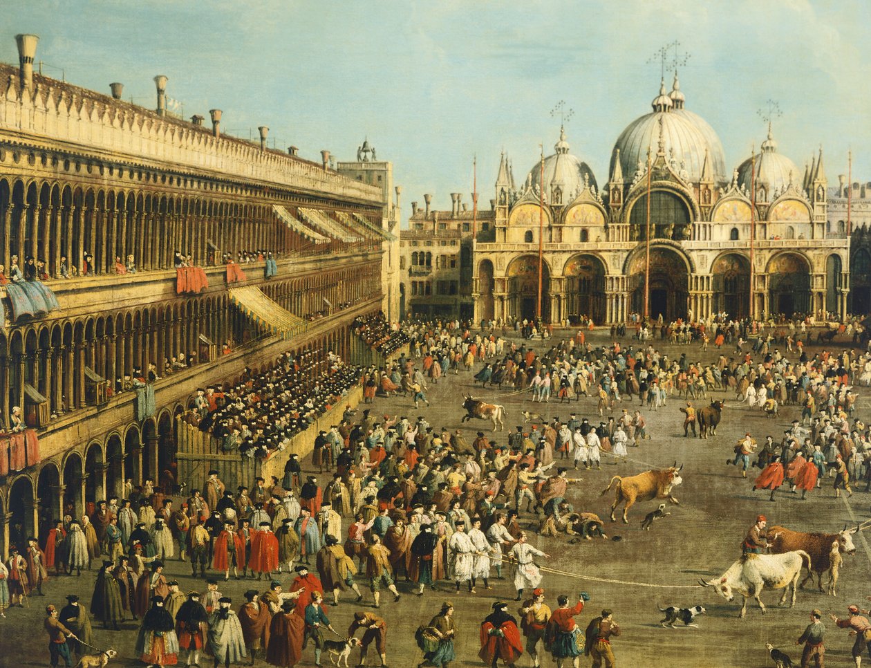Tjurfäktning eller tjurjakt på Piazza San Marco, av Giovanni Antonio Canal (1697-1768) och av Giovanni Battista Cimaroli (1687-efter 1753), olja på duk, 99x145 cm av Canaletto