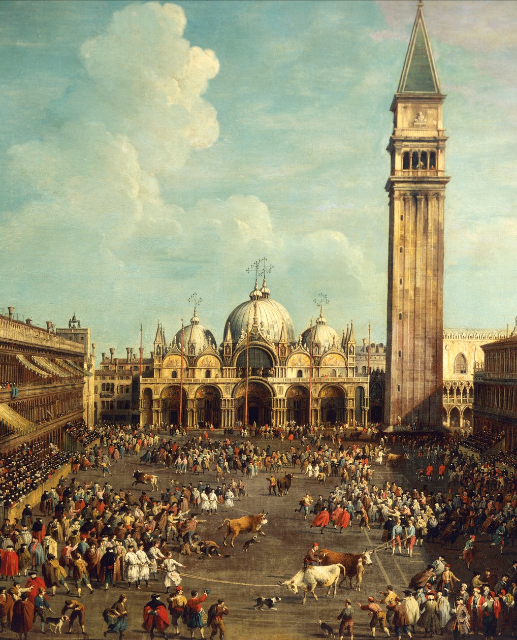 Tjurfäktning eller tjurjakt på Piazza San Marco, av Giovanni Antonio Canal, känd som Canaletto (1697-1768) och av Giovanni Battista Cimaroli (1687-efter 1753), olja på duk, 99x145 cm av Canaletto