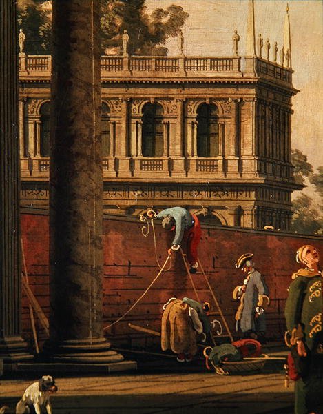 Capriccio av en man som skalar en vägg (olja på duk) av Canaletto