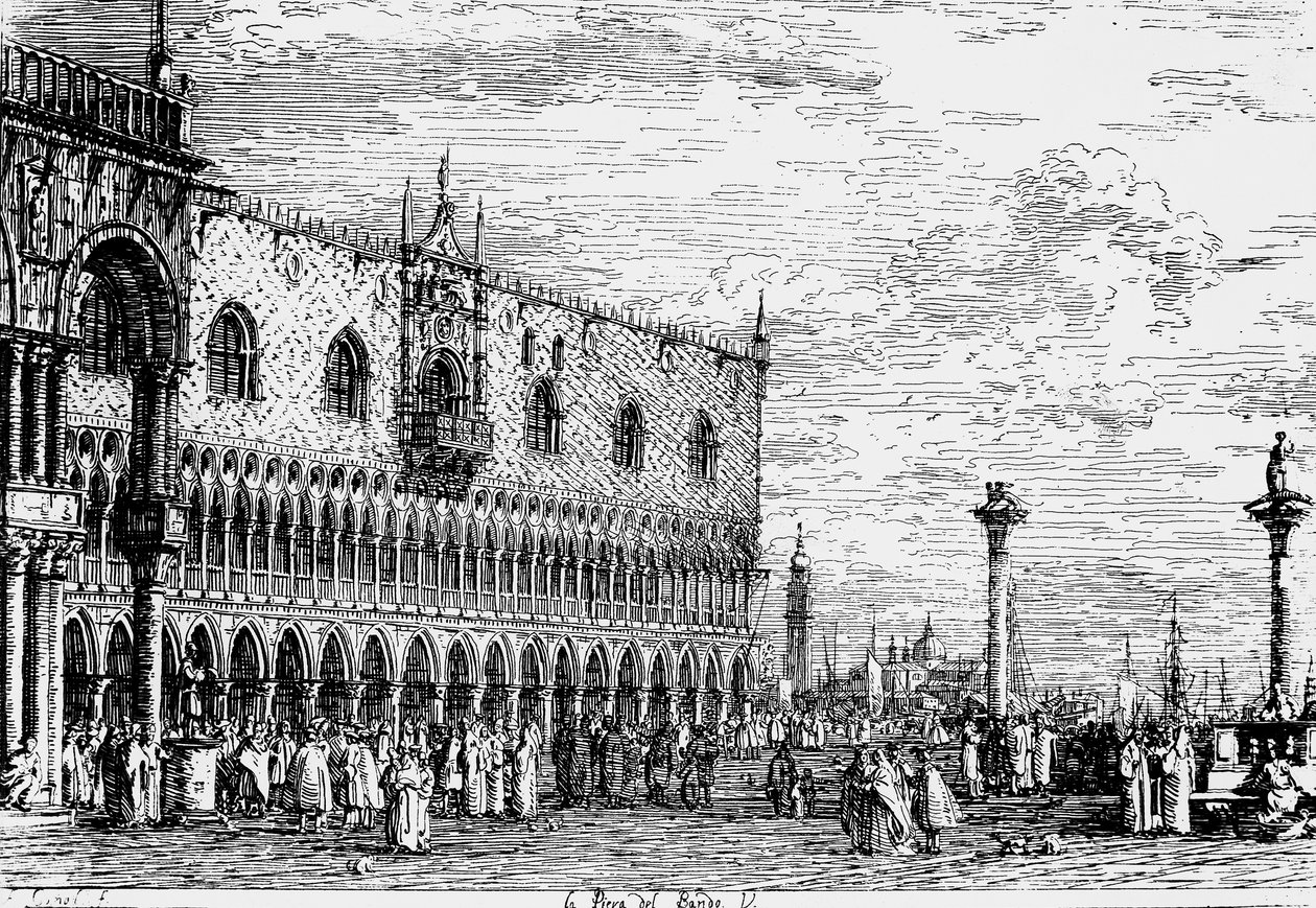 Dogepalatset och Piera del Bando, Venedig, gravyr av Giovanni Antonio Canal, känd som Canaletto (1697-1768), Italien av Canaletto