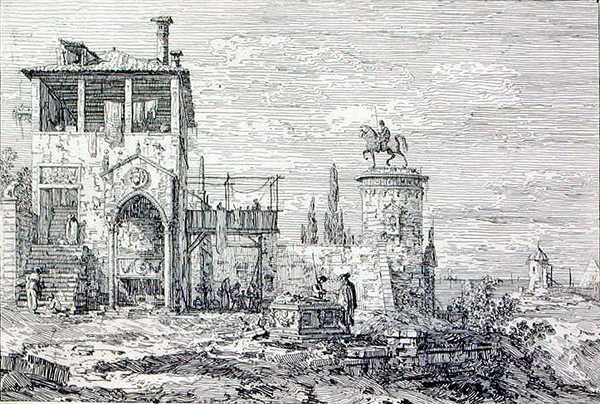 Landskap med ett ryttarmonument (gravyr) av Canaletto