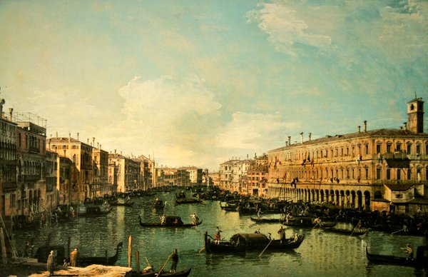 Canal Grande, Venedig, med utsikt mot norr från nära Rialtobron (olja på duk) av Canaletto