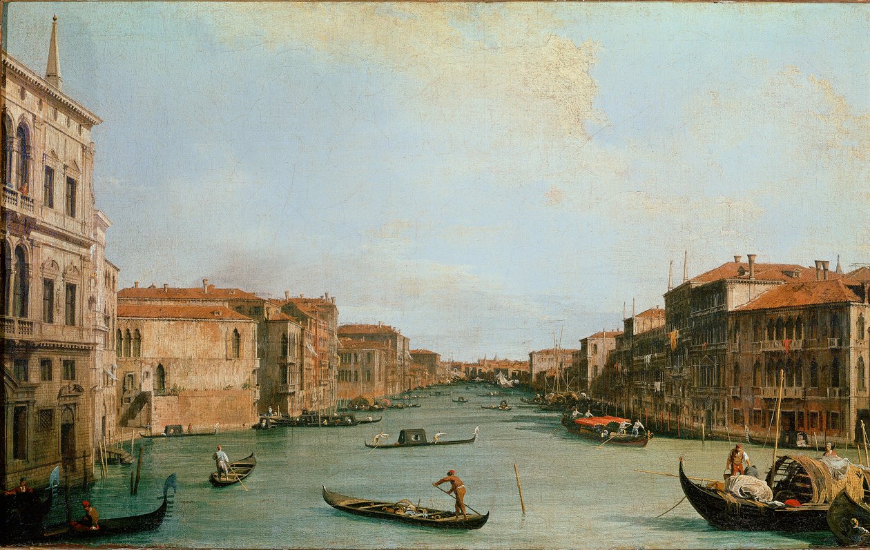 Canal Grande sett från Palazzo Balbi (Il Canal Grande da Palazzo Balbi). Utsikt över Venedig längs kanalen. Målning av Giovanni Antonio Canal känd som il Canaletto (1697-1768). Olja på duk. Mått: 45x73 cm. Florens, Uffizierna (Florence, Uffizi av Canaletto