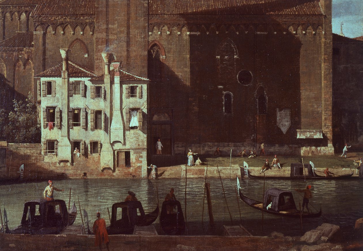 Stenhuggarens hov i Campo (torg) San Vidal och kyrkan Santa Maria della Carita, ca 1725 (olja på duk) av (1697 1768) Canaletto