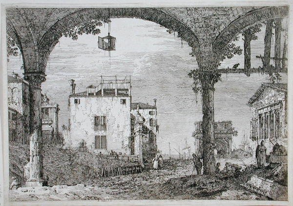 Se genom en arkad mot kustbyggnader (etsning) av Canaletto