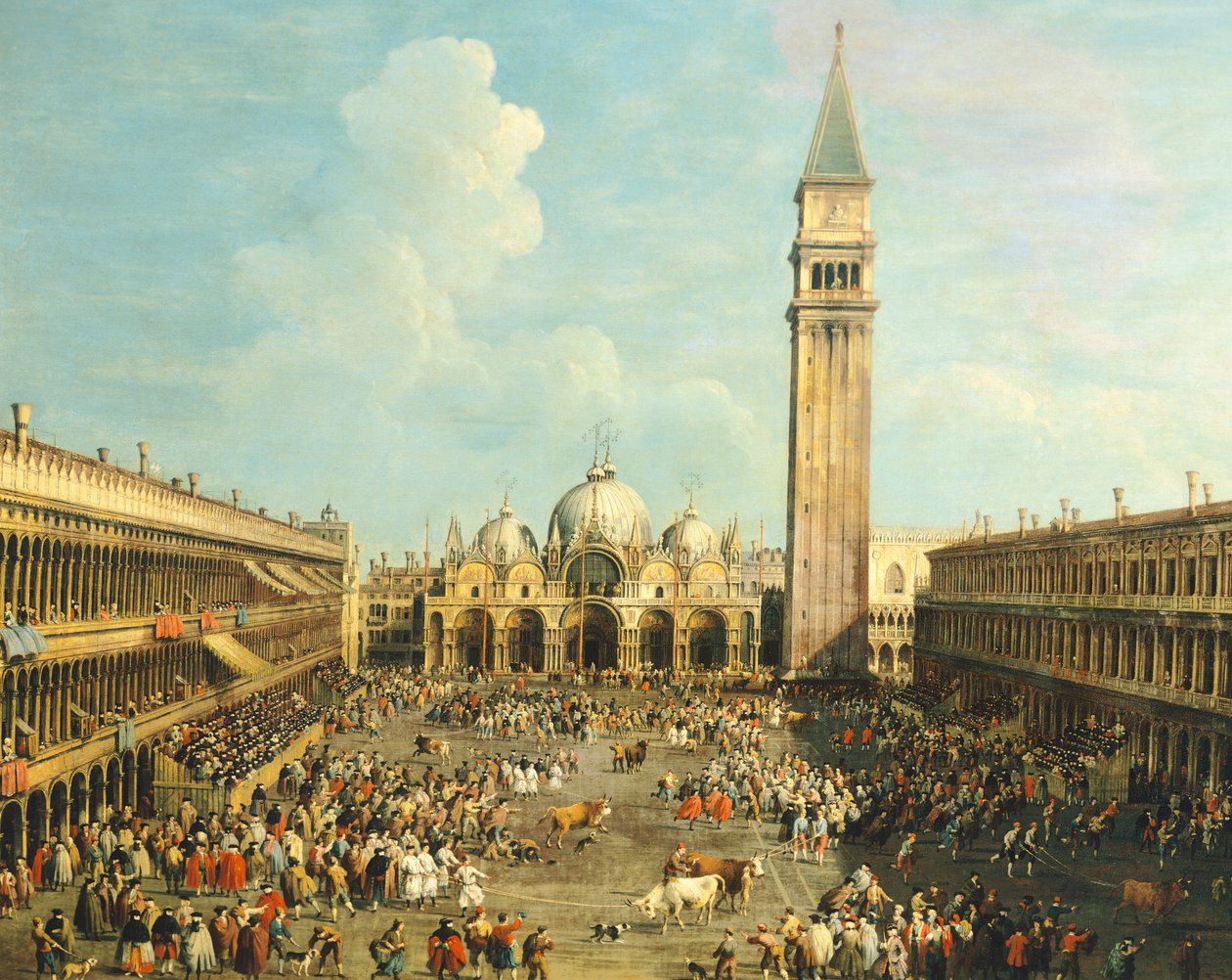 Tjurfäktning eller tjurjakt på Piazza San Marco, av Giovanni Antonio Canal (1697-1768) och av Giovanni Battista Cimaroli (1687-efter 1753), olja på duk, 99x145 cm av Canaletto