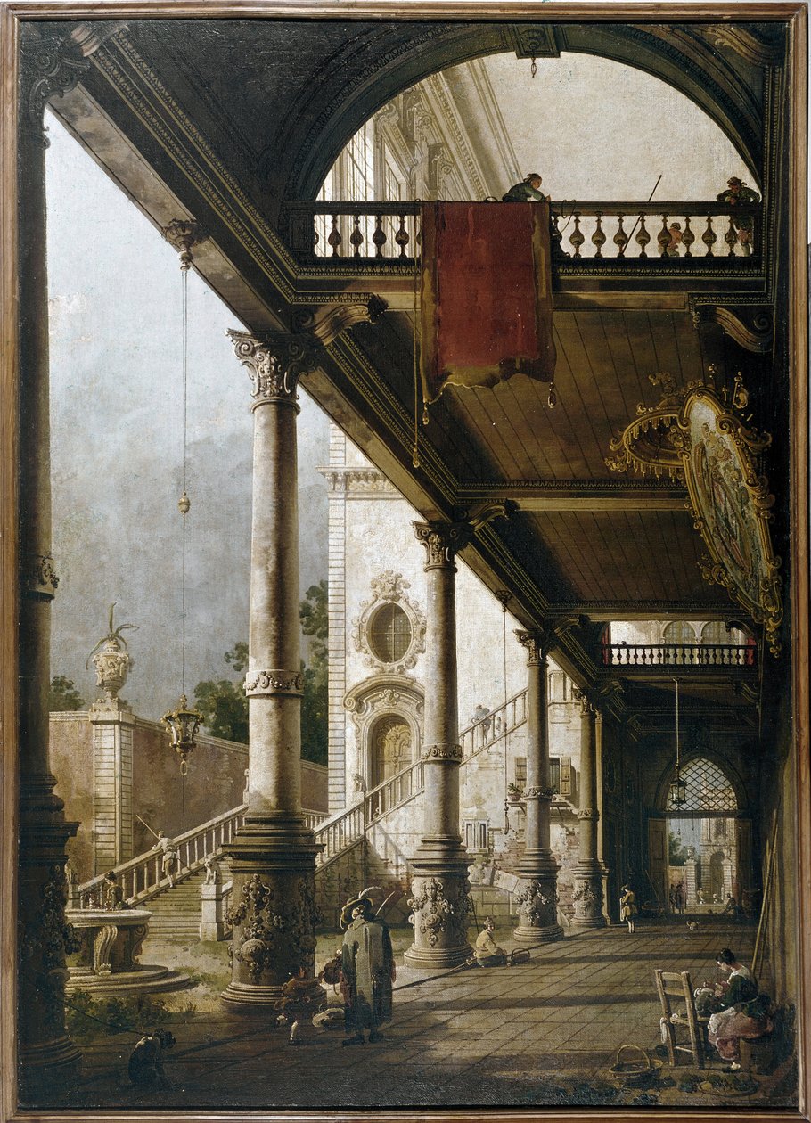 Capriccio med pelargång och innergård (olja på duk av Canaletto