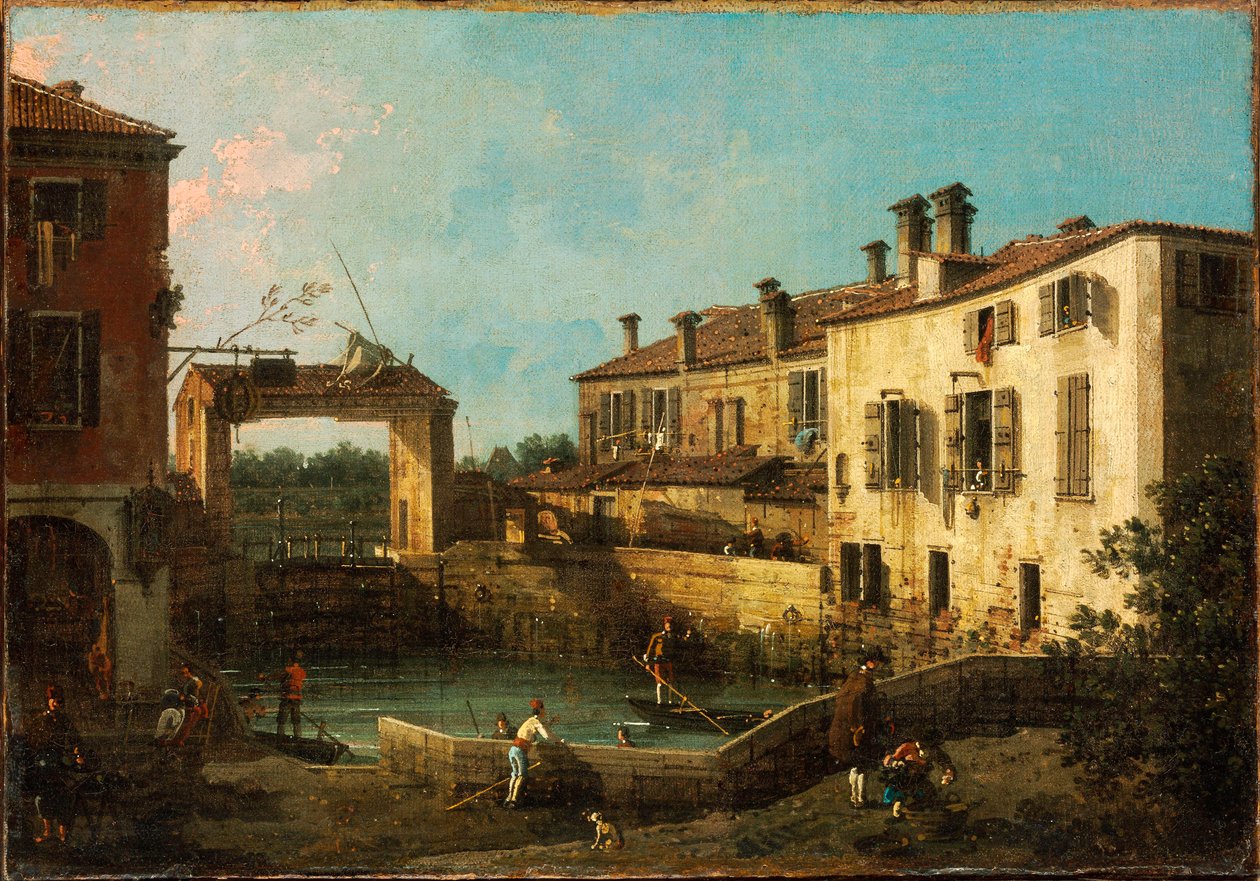 "" Ecluse pres de Dolo, Venedig "" (Lås nära Dolo, Venedig) Peinture de Giovanni Antonio Canal dit Canaletto (1697-1768) 1776 Dim 30,5x44,5 cm Szepmuveszeti Muzeum, Budapest av Canaletto