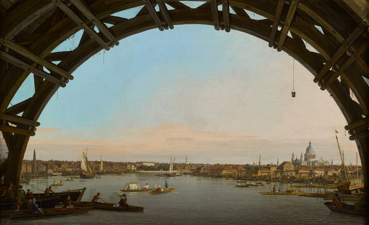 London, en utsikt över staden från under Westminster bridge av Canaletto