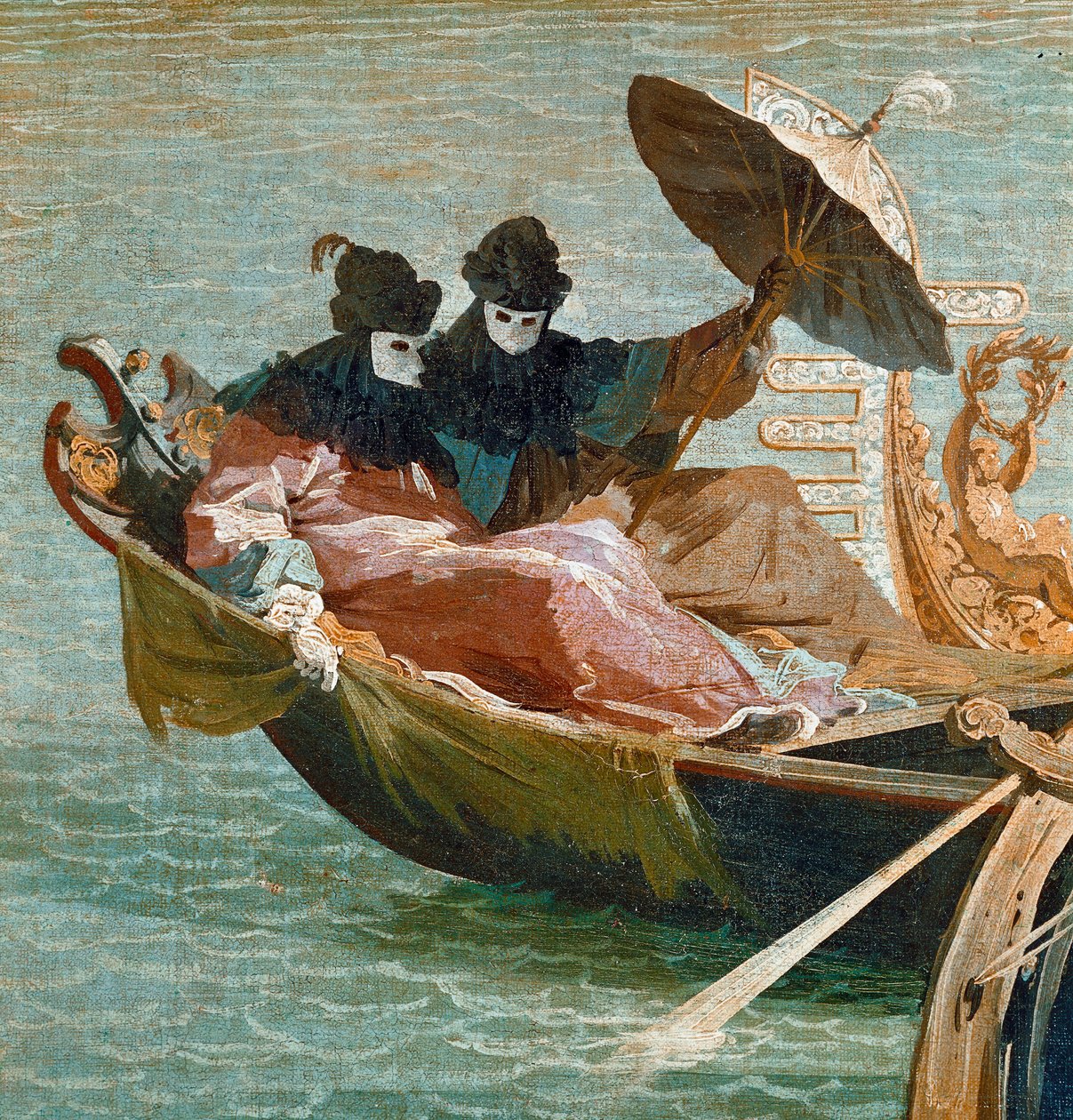 Dogen av Venedigs förlovning med Adriatiska havet: Detalj av två karaktärer som bär masken och ett paraply på en gondol (olja på duk, ca 1729) av Canaletto