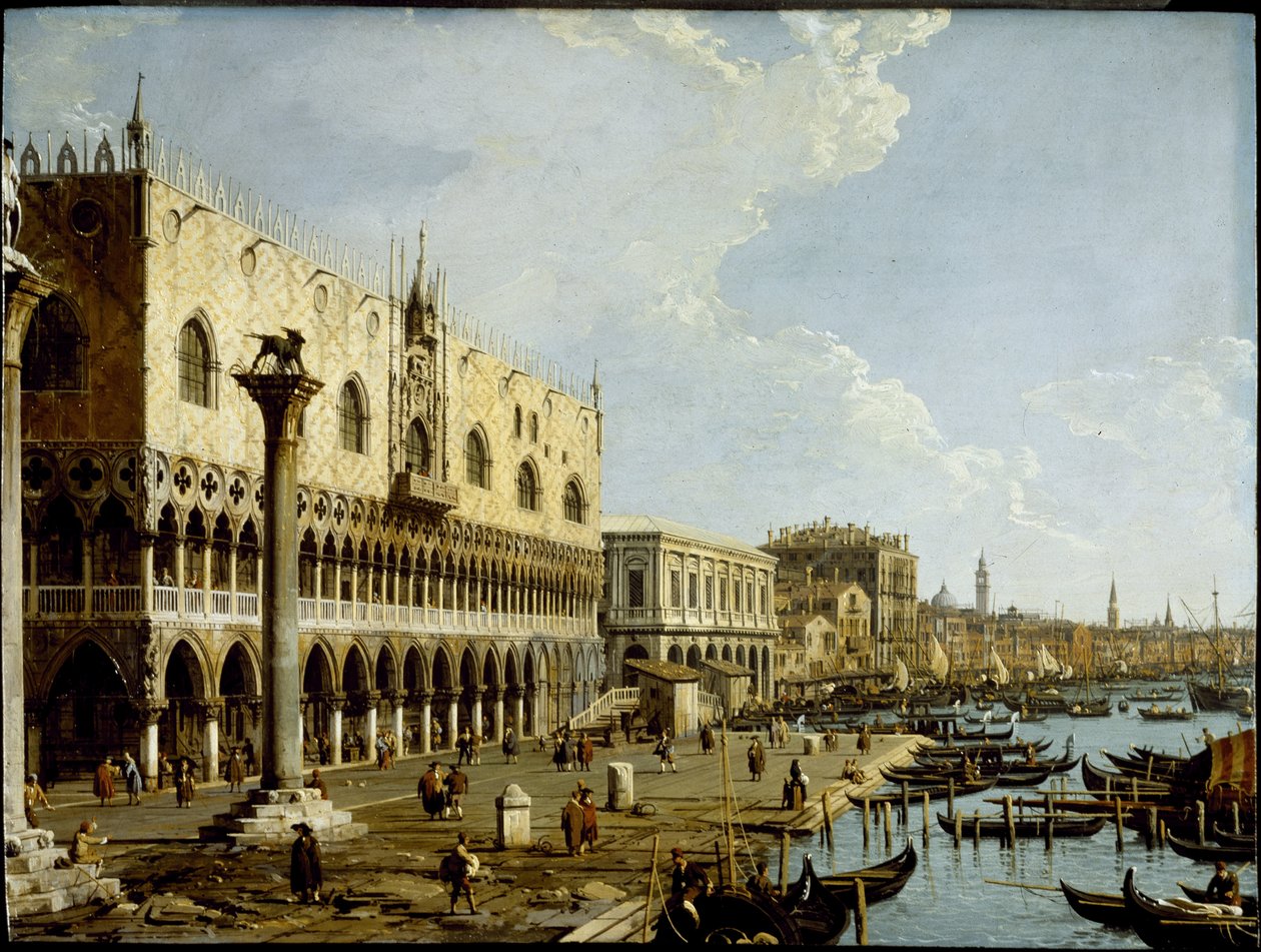Venedig: utsikt över Dogepalatset och Riva degli Schiavoni från Piazzetta, ca 1729 (olja på kopparpanel) av Canaletto