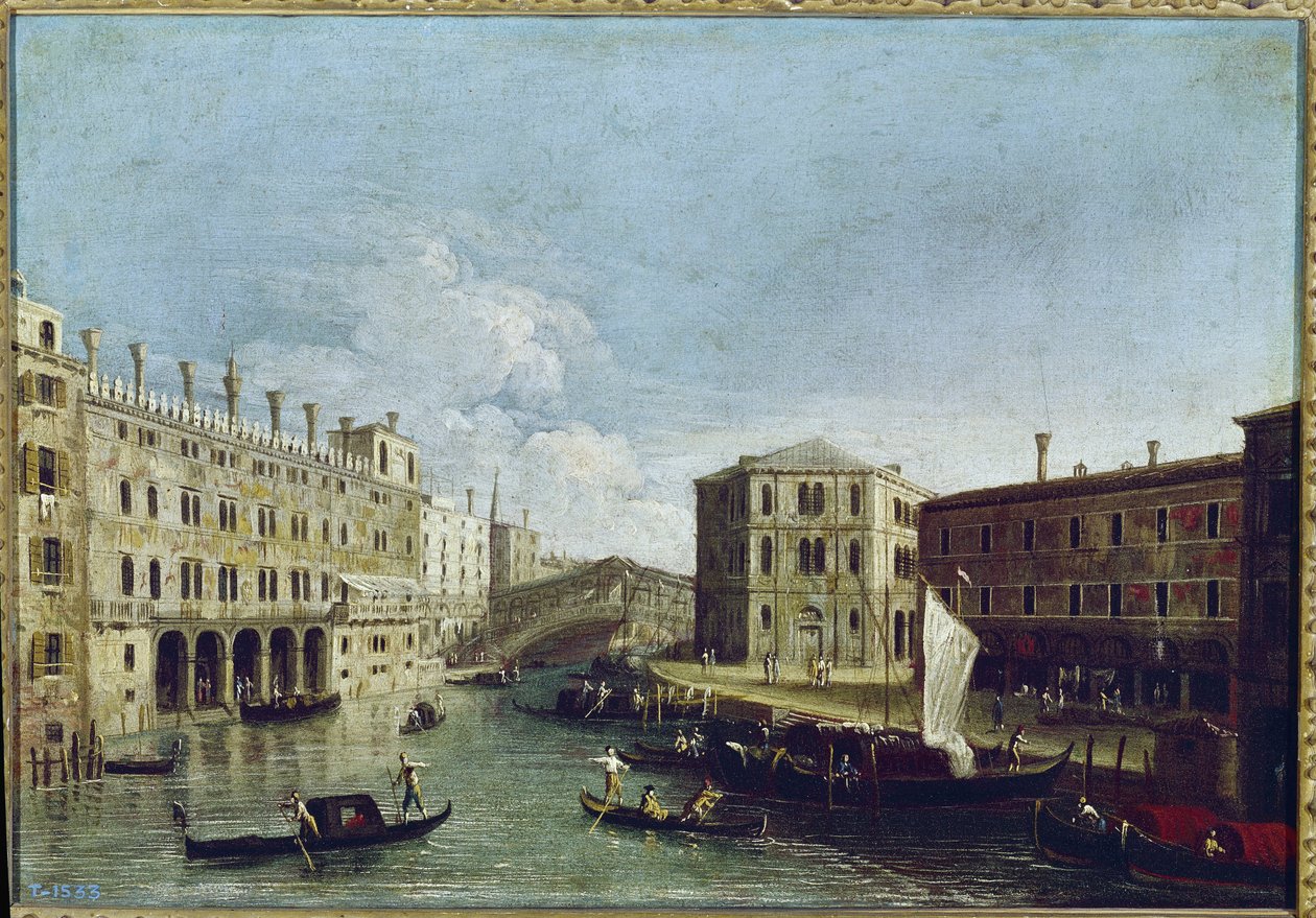 Utsikt över canal grande och rialto, till vänster Fondaco dei Tedeschi (olja på duk av Canaletto