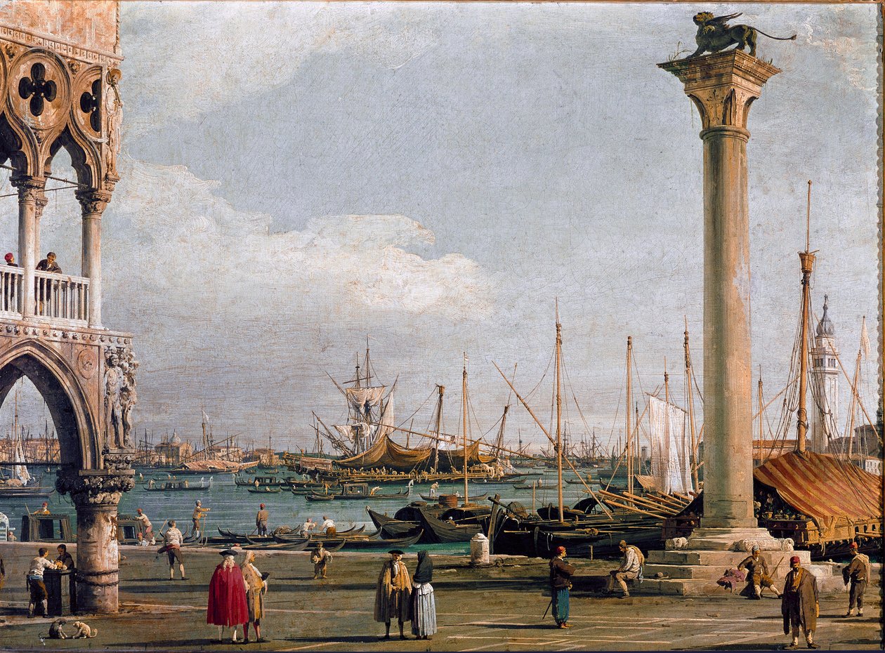 Utsikt över Markusbassängen och kyrkan San Giorgio Maggiore från Piazzetta till Venedig (olja på duk av Canaletto
