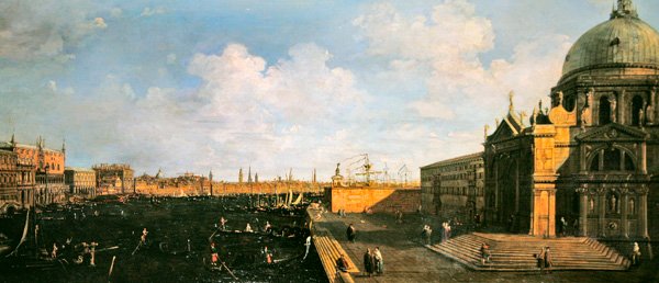 Utsikt över Canal Grande och Santa Maria della Salute (olja på panel) av Canaletto