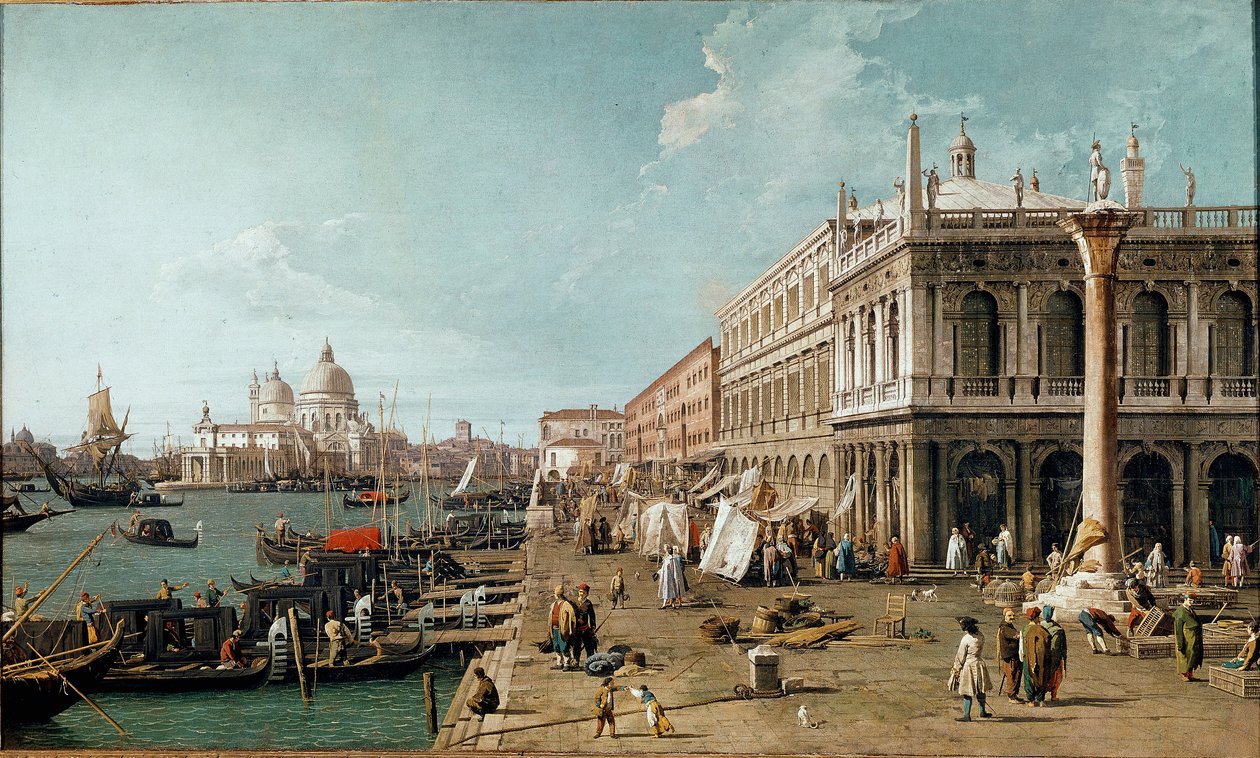 Utsikt över Molo, Biblioteca Marciana och St. Theodores kolumn, Venedig av Canaletto