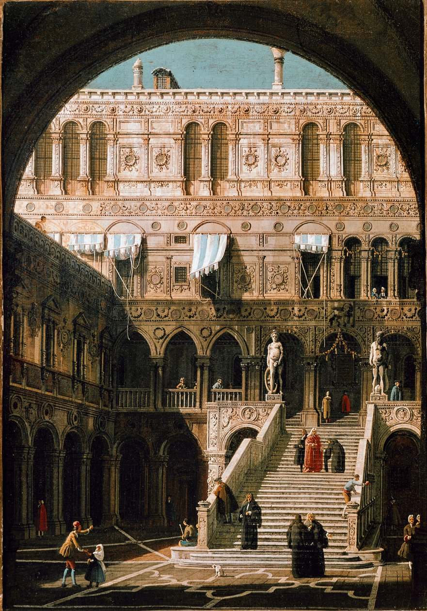 Utsikt över jättarnas trappa, hertigpalatset i Venedig (olja på duk av Canaletto