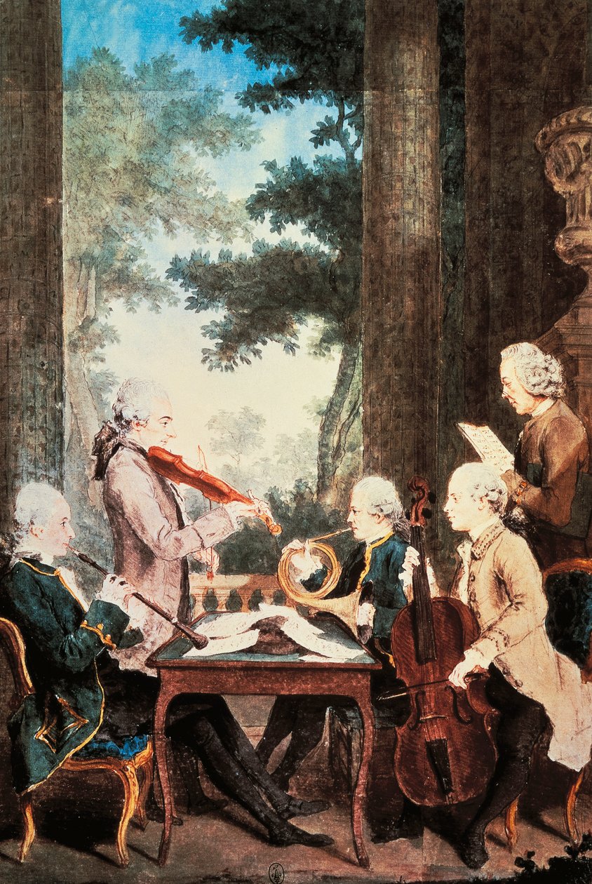 Konsert med oboe, violin, horn och cello, av Louis de Carmontelle (1717-1806), akvarell. Frankrike av Carmontelle