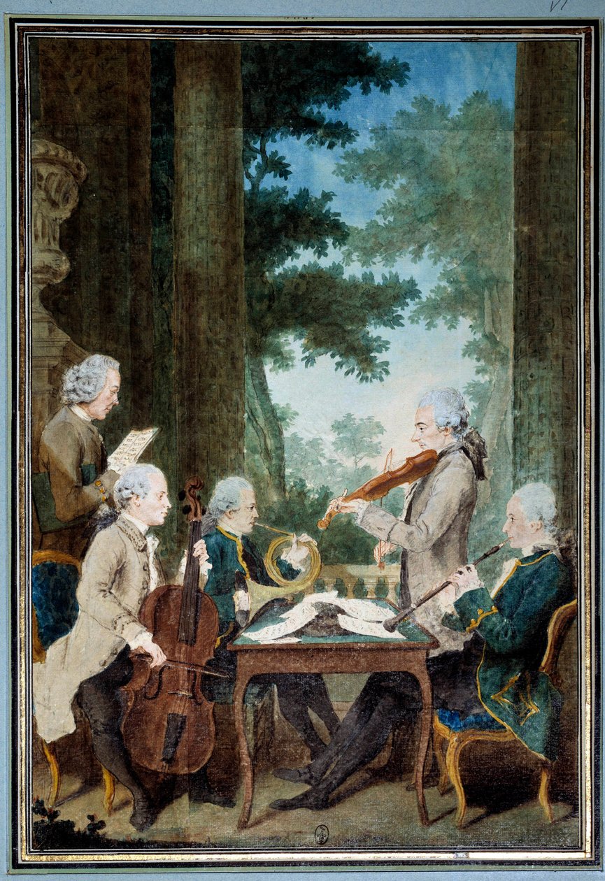 Gentlemen Duport, Vachon, Rodolphe, Provers och Vernier Porträtt av en grupp musiker under en konsert. Akvarell av Louis Carrogis (1717-1806) dit Carmontelle. 1700-talets sön. 0,34x0,23 m Chantilly, museum conde av Carmontelle