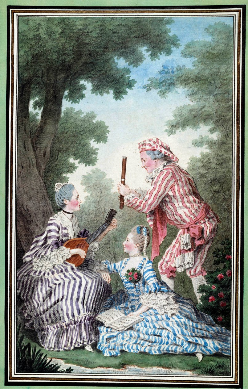 Madame de Meaux, Mademoiselle de Meaux och Monsieur de Saint Quentin upprepar en komisk opera Akvarell av Louis Carrogis Carmontelle (1717-1806) Chantilly från 1700-talet, Musee Conde av Carmontelle