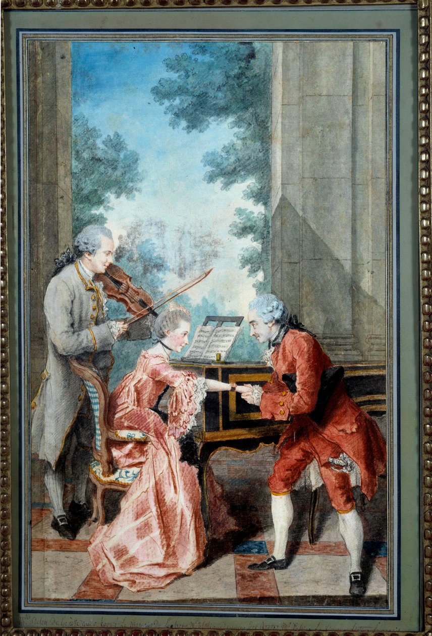 Mademoiselle Delou, Monsieur Philippe och Monsieur de Texier En gentleman hyllar en ung pianist. Akvarell av Louis Carrogis, dit Carmontelle (1717-1806) 1700-talets Paris, Musee Carnavalet - Mademoiselle Delou, Monsieur Philippe och Monsieur d av Carmontelle