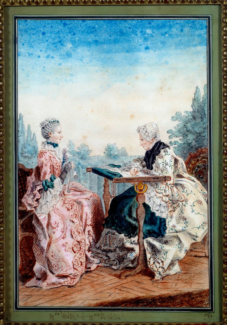 Mademoiselle Melin och Mademoiselle de Laleu gör akvarellväv av Louis carrogis dit Carmontelle (1717-1806) 1759. Paris, Musee Carnavalet av Carmontelle