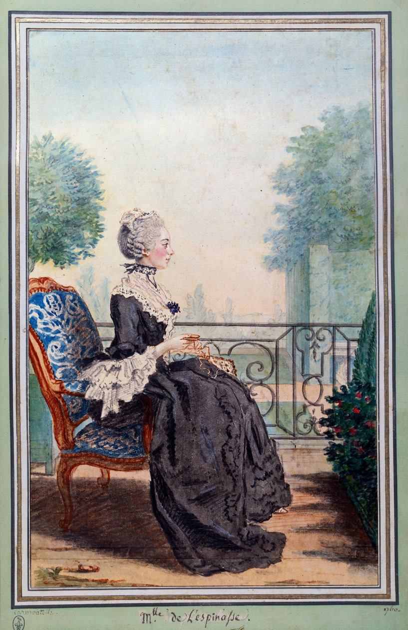 Hellängdsporträtt av Julie de Lespinasse (1732-1776) kvinna med bokstäver Akvarell av Louis Carrogis (1717-1806) känd som Carmontelle. Chantilly från 1700-talet, conde museum av Carmontelle