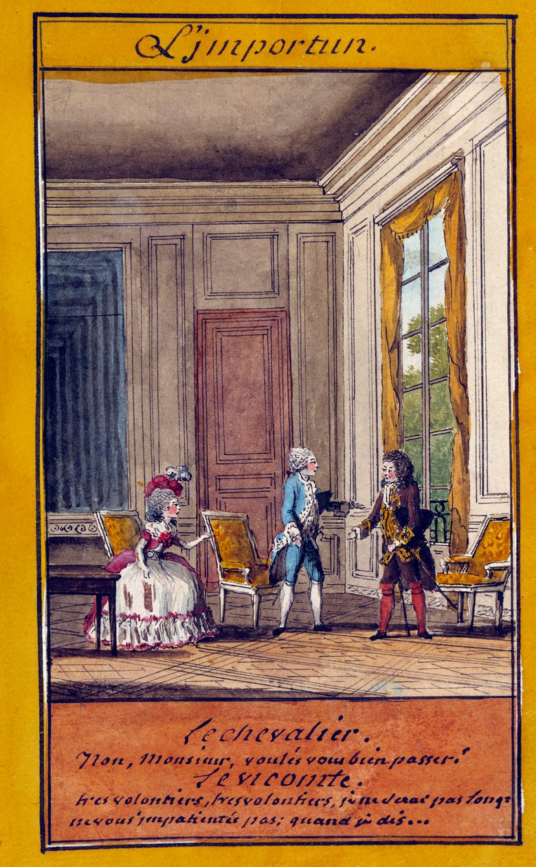 Den ovälkomna illustrationen av en serie ordspråk. Akvarell av Louis Carrogis dit Carmontelle (1717-1806) 1700-talet. Chantilly, Conde Museum av Carmontelle