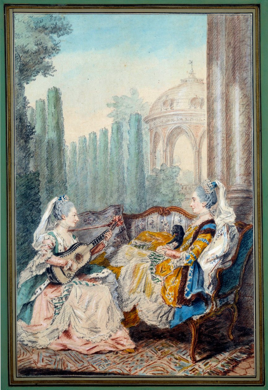 Två unga flickor gör akvarellmusik av Louis carrogis dit Carmontelle (1717-1806) 1700-talet. Paris, Musée Carnavalet av Carmontelle