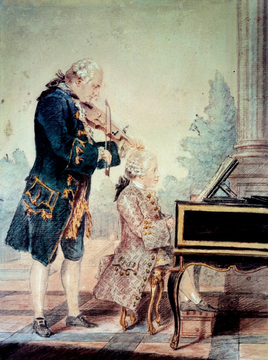 Wolfgang Amadeus Mozart (1756-1791) barn spelar piano med sin far Leopold”” Akvarell av Louis Carrogis Carmontelle (1717-1806) 1777 Paris, Musee Carnavalet av Carmontelle