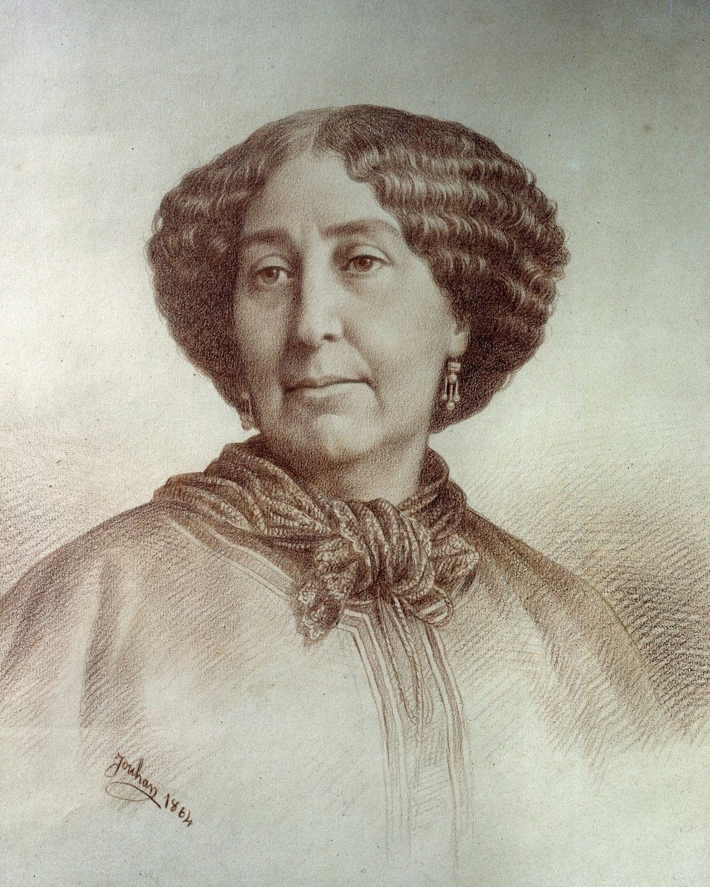 Porträtt av bokstävernas kvinna George Sand (1804-1876) Aurore Dupin, friherrinnan Dudevant Teckning av Rene Jouhan (1835-?) från ett fotografi av Nadar av Nadar