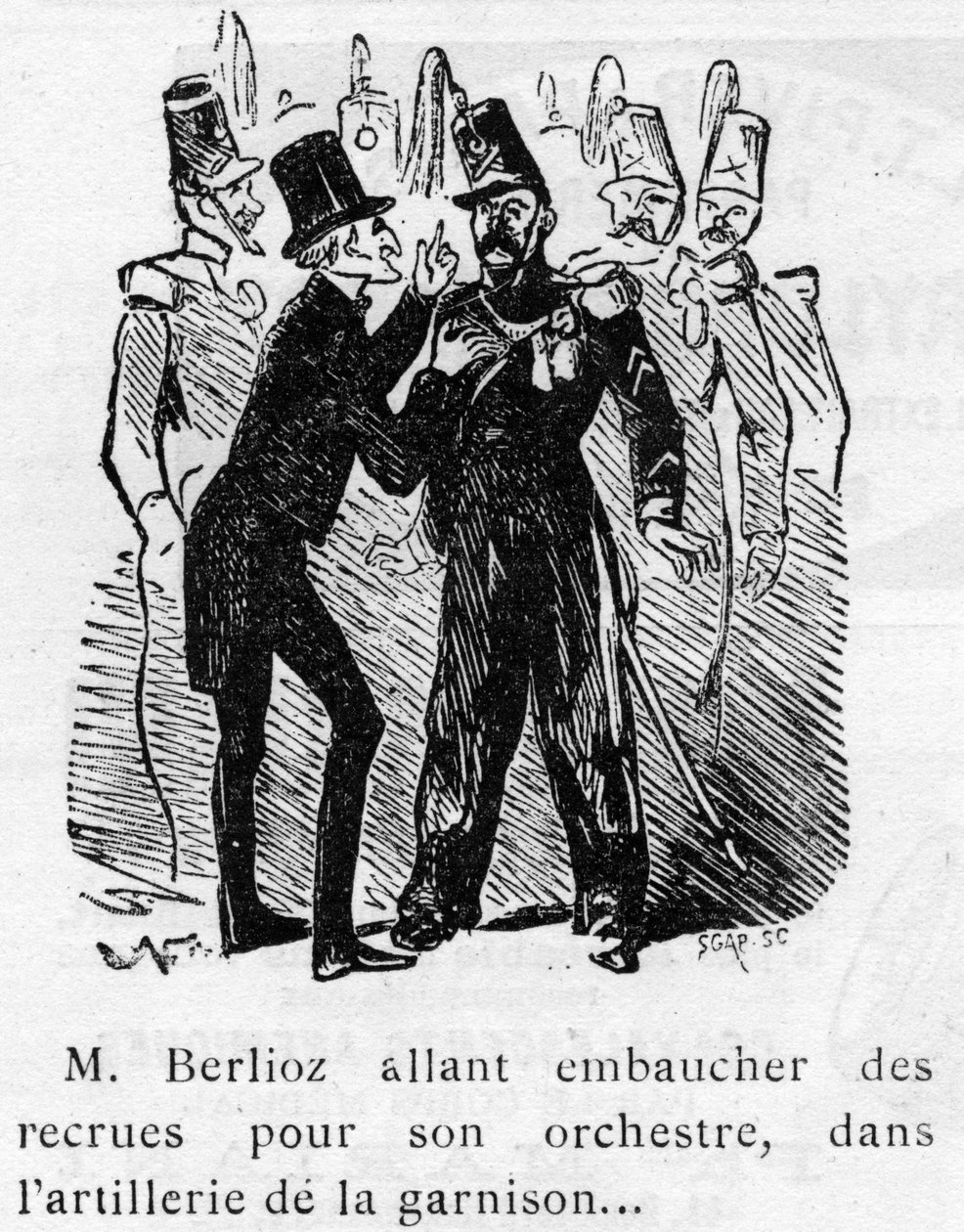 Tecknad serie om verk av Berlioz (1803-1869) designad av Nadar 1856 för Journal pour rire. av Nadar