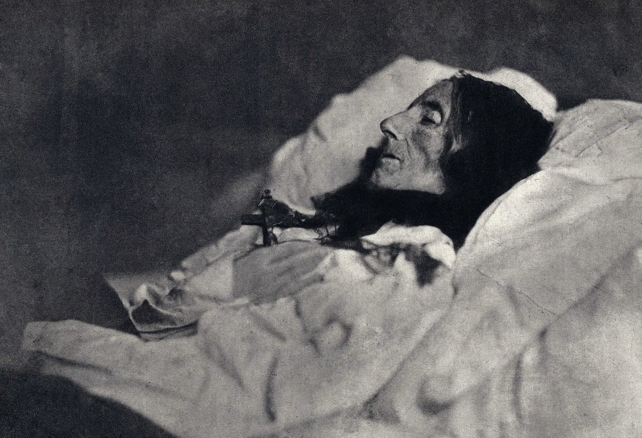 Porträtt av poeten Marcelline Desbordes Valmore (Desbordes-Valmore) (1786-1859) på sin dödsbädd. Fotografi av Felix Tournachon dit Nadar (1820-1910) 1859. Tryck av Victor Tournachon, fader till Nadar, sent 1800-tal. av Nadar