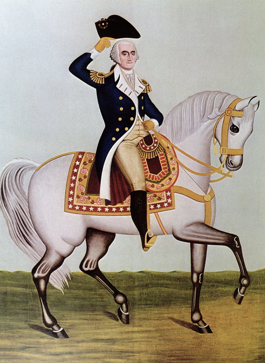 George Washington till häst (färg litho) av (after) American School