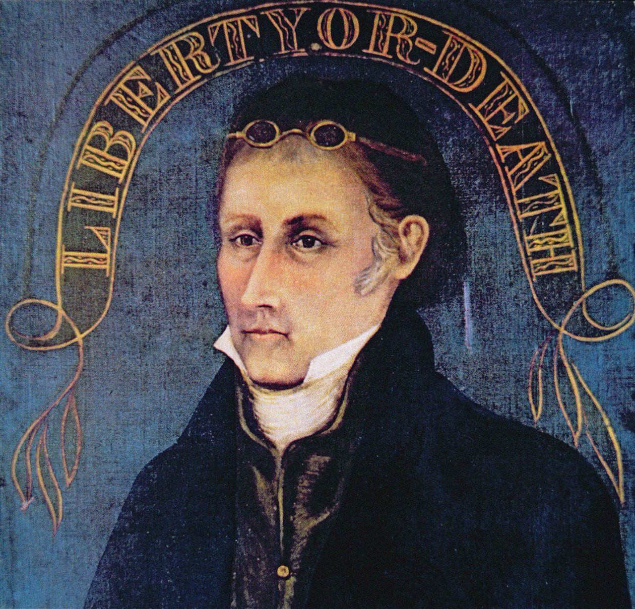 Patrick Henry, avbildad med legenden "Liberty or Death" (färg litho) av (after) American School