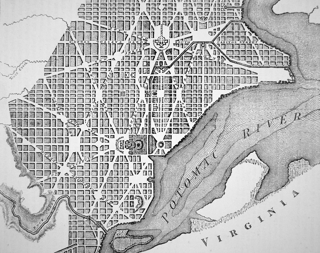 Plan över staden Washington som ursprungligen lades ut 1793 (gravyr) av (after) American School