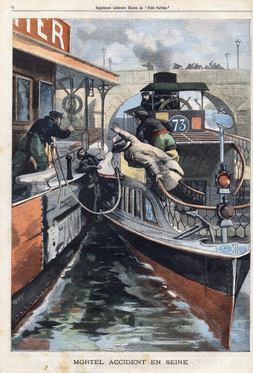 Dödsolycka på Seine: en anställd på företaget des Bateaux Parisiens dör kraschade mellan två båtar nära Charenton-bron. Gravyr i "" Le Petit Parisien"" den 17/02/1901. av (after) Carrey