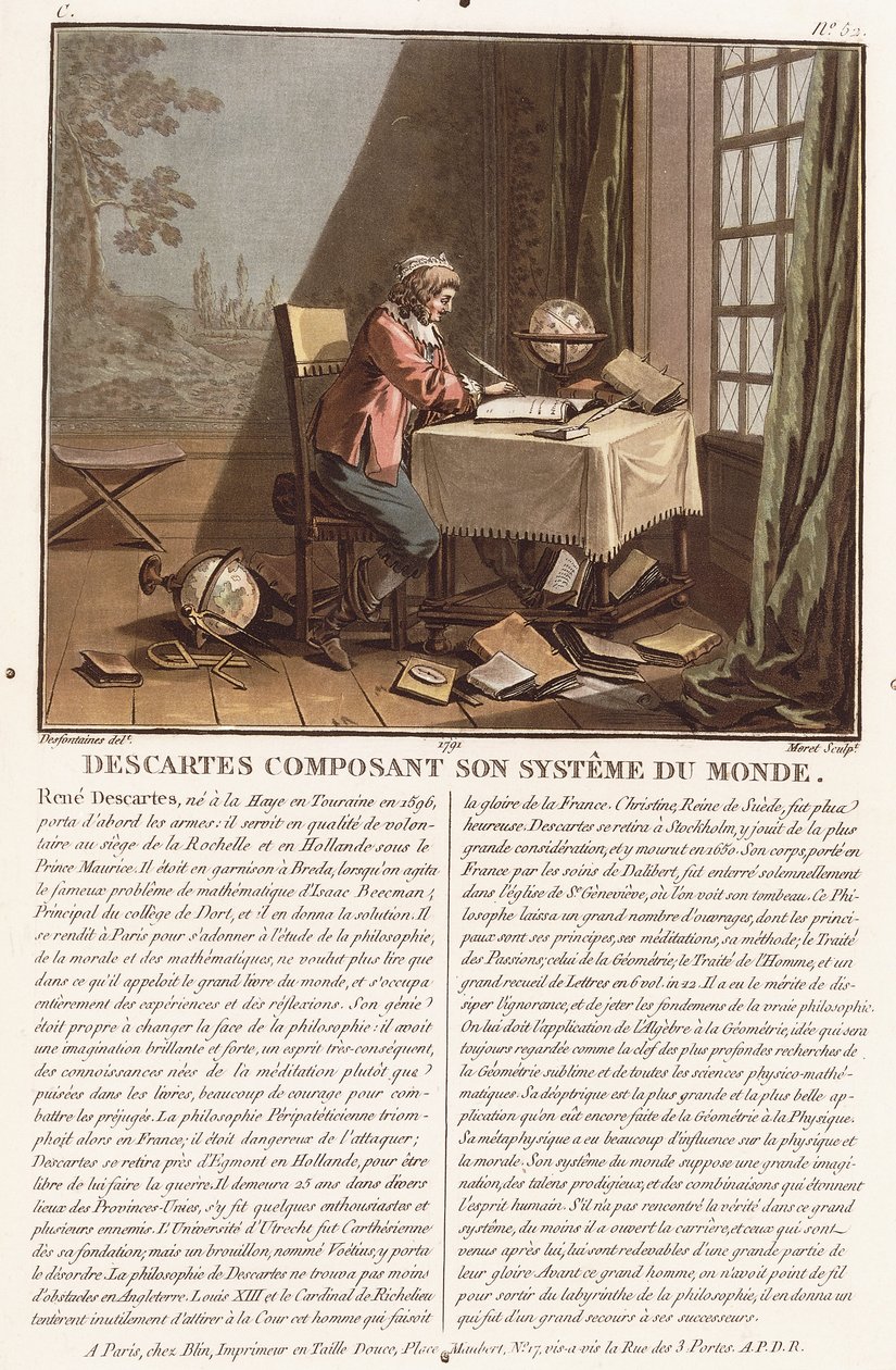 Descartes Composing His World System, ca 1786-1792 (färgakvatint) av (after) Desfontaines