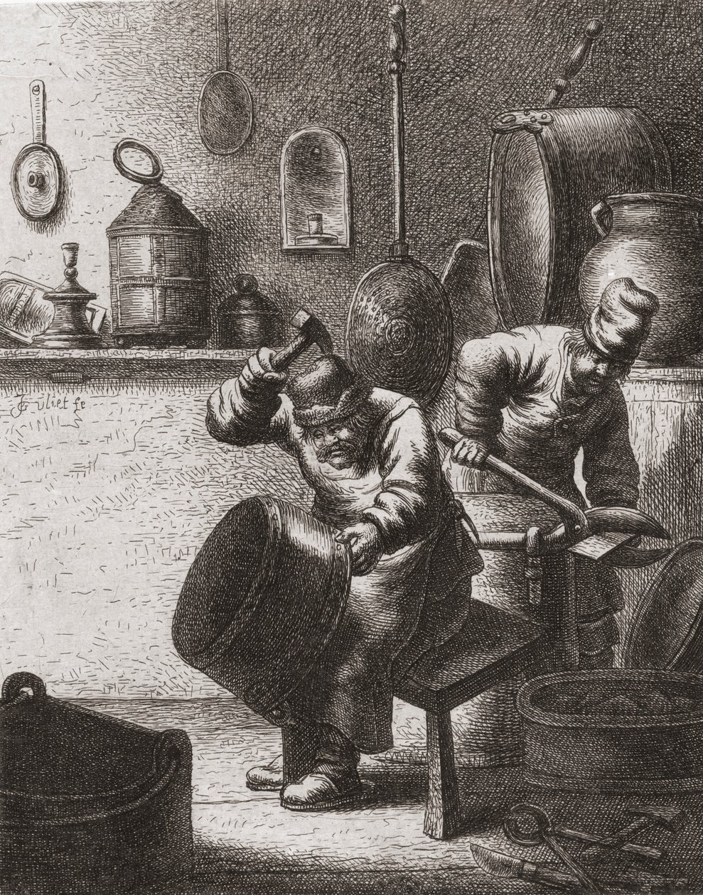 Kopparsmeder i arbete på 1600-talet (tryck) av (after) Dutch School