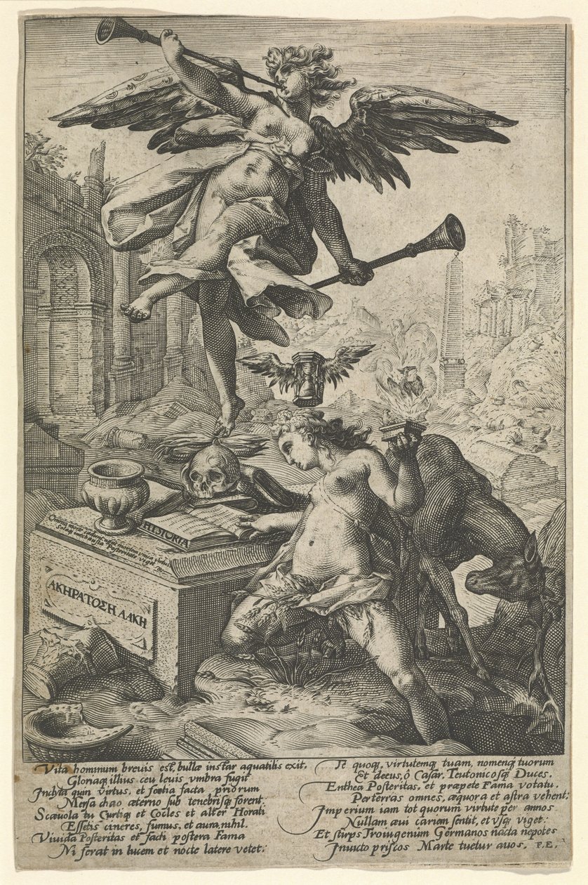 Berömmelse och historia, efter 1586 (gravyr på lagt papper) av (after) Dutch School