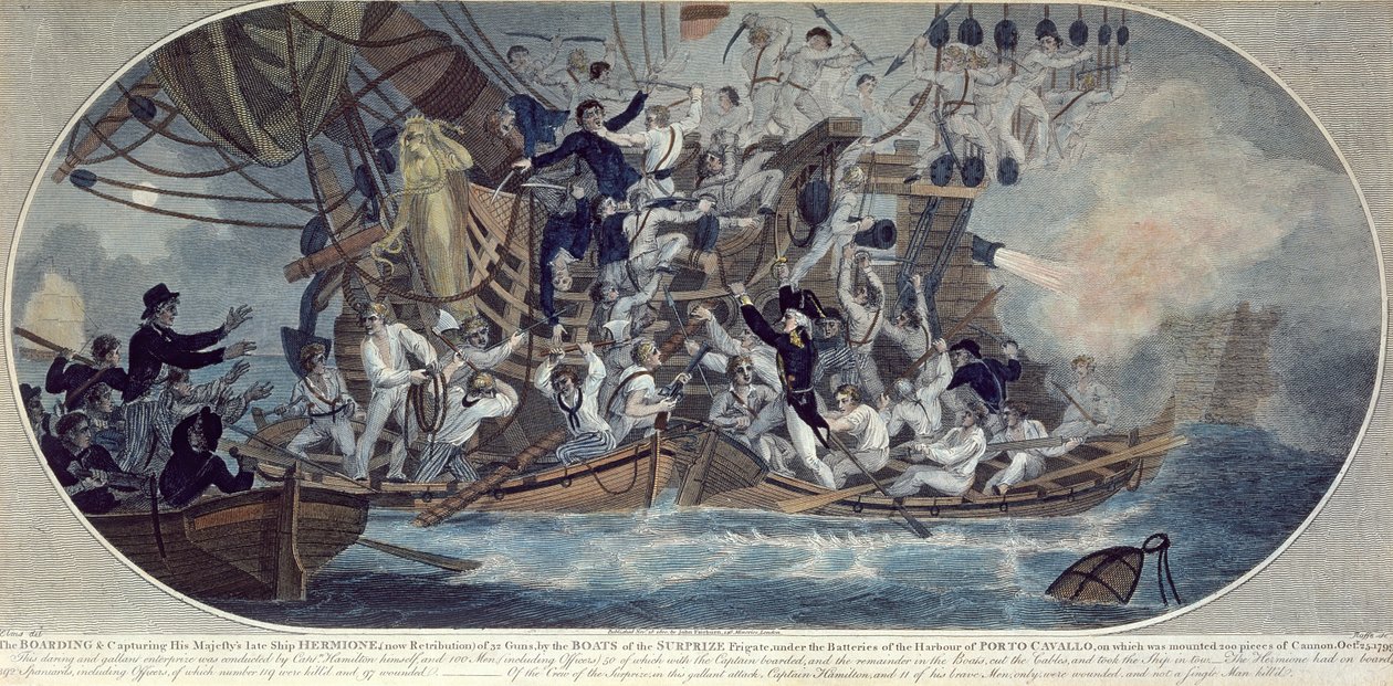 Bordningen och erövringen av Hans Majestäts sena skepp, Hermione (nu Retribution) 25 oktober 1799, graverad av Roffe (färgerad etsning) av (after) Elms