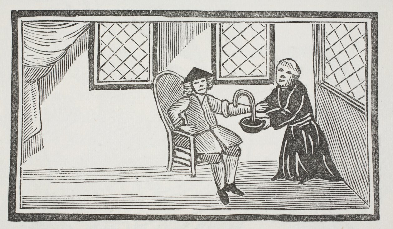 En representation av den förrädiska munken som förblöder honom till döds, illustration från "Chap-books of the artonde århundradet" av John Ashton, pub. 1882 (lito) av (after) English School