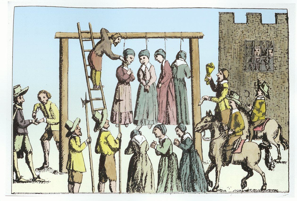 En avrättning av häxor i England (gravyr) (senare färgläggning) av (after) English School