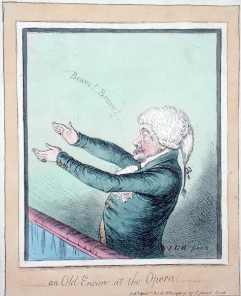 An Old Encore at the Opera! etsad av James Gillray (1756-1815) utgiven av Hannah Humphrey 1803 (handkolorerad etsning) av (after) English School