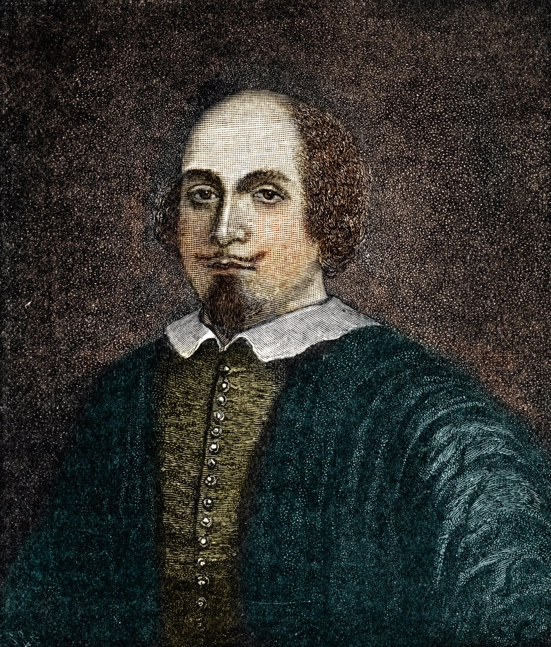 Porträtt av den engelske dramatikern William Shakespeare (1564-1616) Gravyr efter en anonym 1700-talsmålning av (after) English School