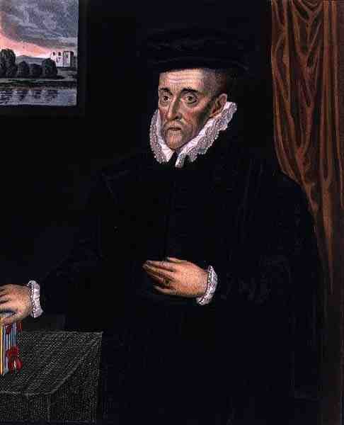Porträtt av Sir Walter Mildmay (1520?-1589), grundare av Emmanuel College, Cambridge, från "The History of Cambridge", publicerad av R. Ackermann av (after) English School
