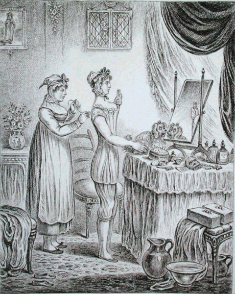 Progress of the Toilet: the Stays, etsat av James Gillray (1757-1815) publicerad av Hannah Humphrey 1810 (etsning) av (after) English School